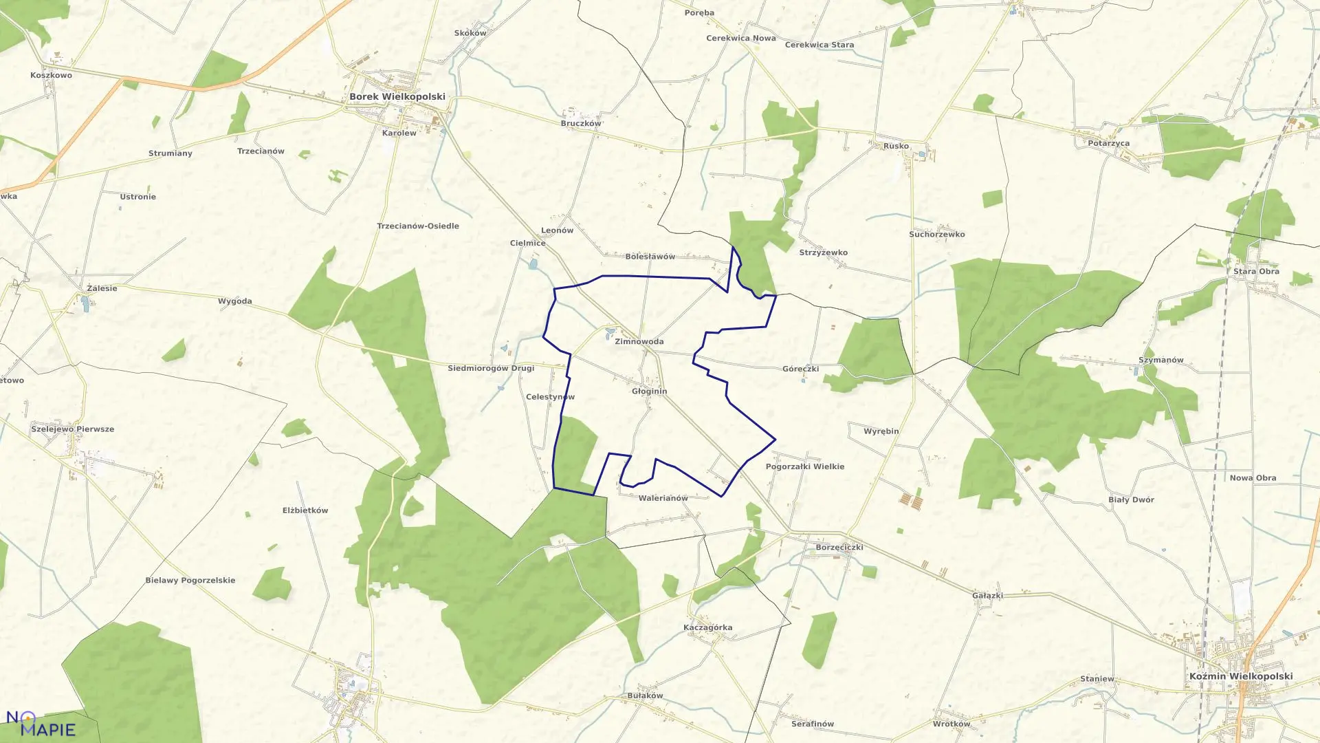 Mapa obrębu ZIMNOWODA w gminie Borek Wielkopolski